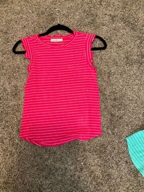 Zenana Outfitters Hot Pink & White Striped Ruffle Sleeve Tank